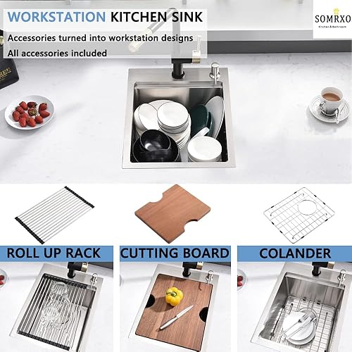 Miniatura 6 de SOMRXO Fregadero de barra de acero inoxidable de 15 pulgadas x 20 pulgadas, fregadero de cocina de montaje superior de 15 x 20 pulgadas, fregadero