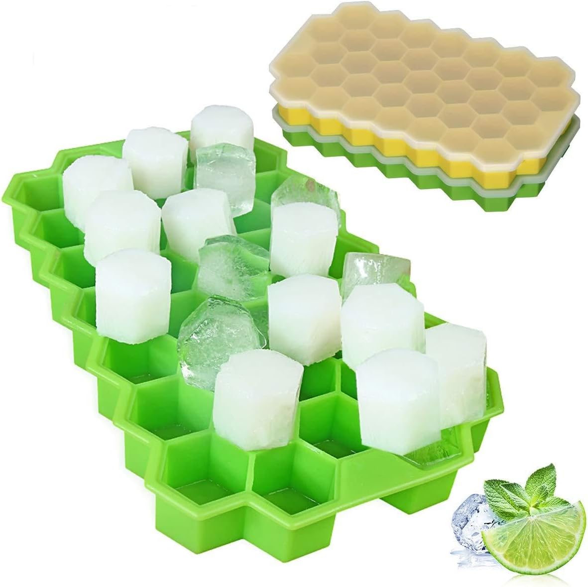 2 Packs Ice Cube Trays, Food Grade Silicone Ice Trays with Free Lids, 74 Cubes Flexible Stackable Easy Release Freezer Molds for Home Cocktail Whiskey DIY Food, Green & Yellow