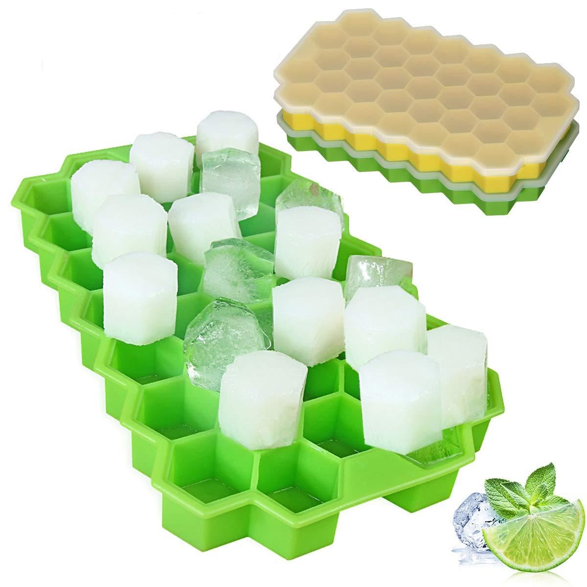 2 Packs Ice Cube Trays, Food Grade Silicone Ice Trays with Free Lids, 74 Cubes Flexible Stackable Easy Release Freezer Molds for Home Cocktail Whiskey DIY Food, Green & Yellow