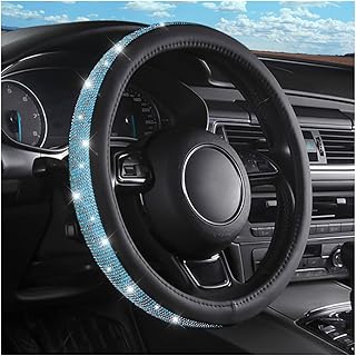 Leather Steering Wheel Cover, Bling Diamond Steering Wheel Protector, Universal Fit 15 Inch Anti-Slip Sparkling Crystal Wheel Protector for Women Girls, Universal for Most Cars (Silver/Blue)