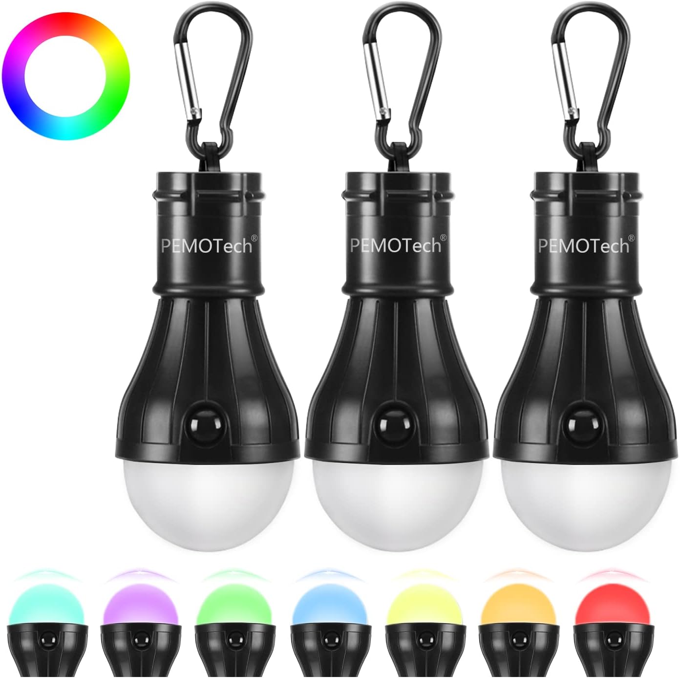 PEMOTech 3 Pack RGB Camping Lights Tent Lights, 7 Colors Changing Portable Lantern Bulbs with Clip Hook, Emergency Lights Camping Accessories for Backpacking Hiking Camping Hurricane Power Outages