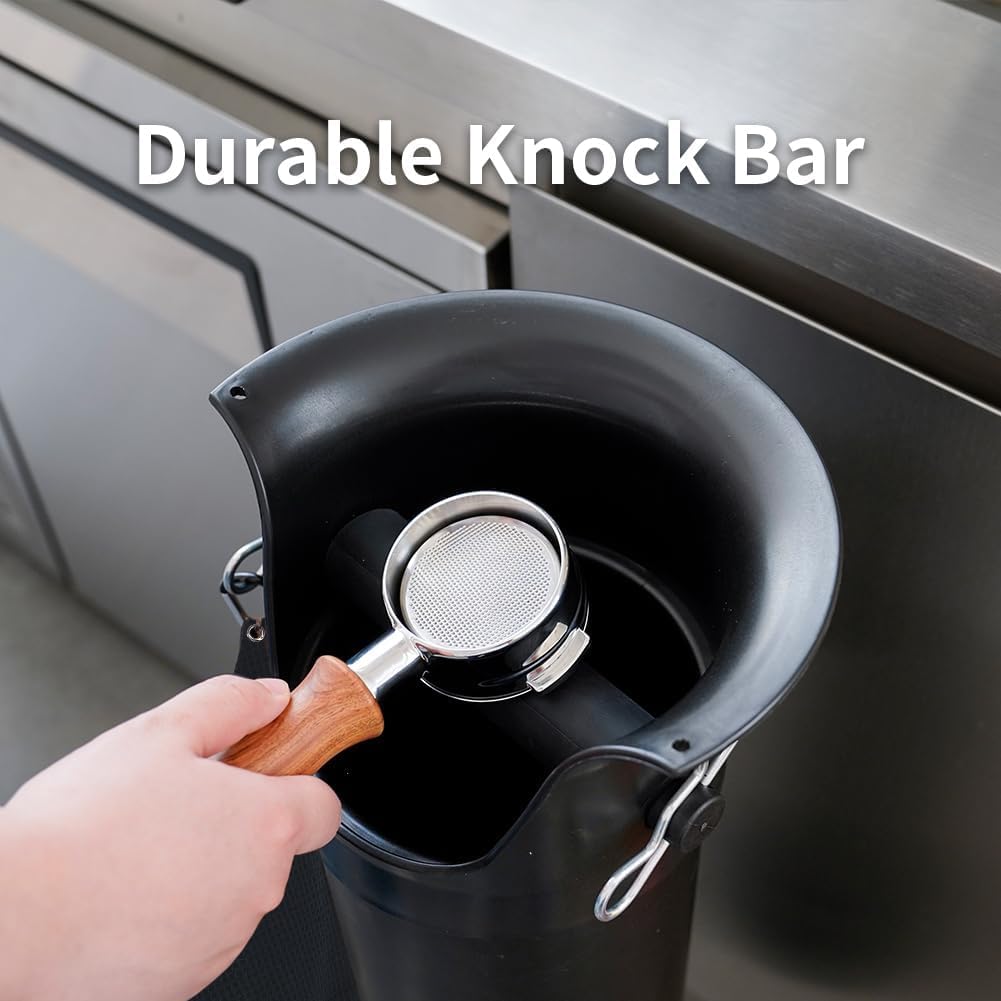 watchget Commercial Espresso Knock Box - Floor Standing Coffee Ground Bin with Removable Bar, Non-Slip Base, Heavy-Duty Barista Dump Bin Includes 30 Garbage Bags, Black