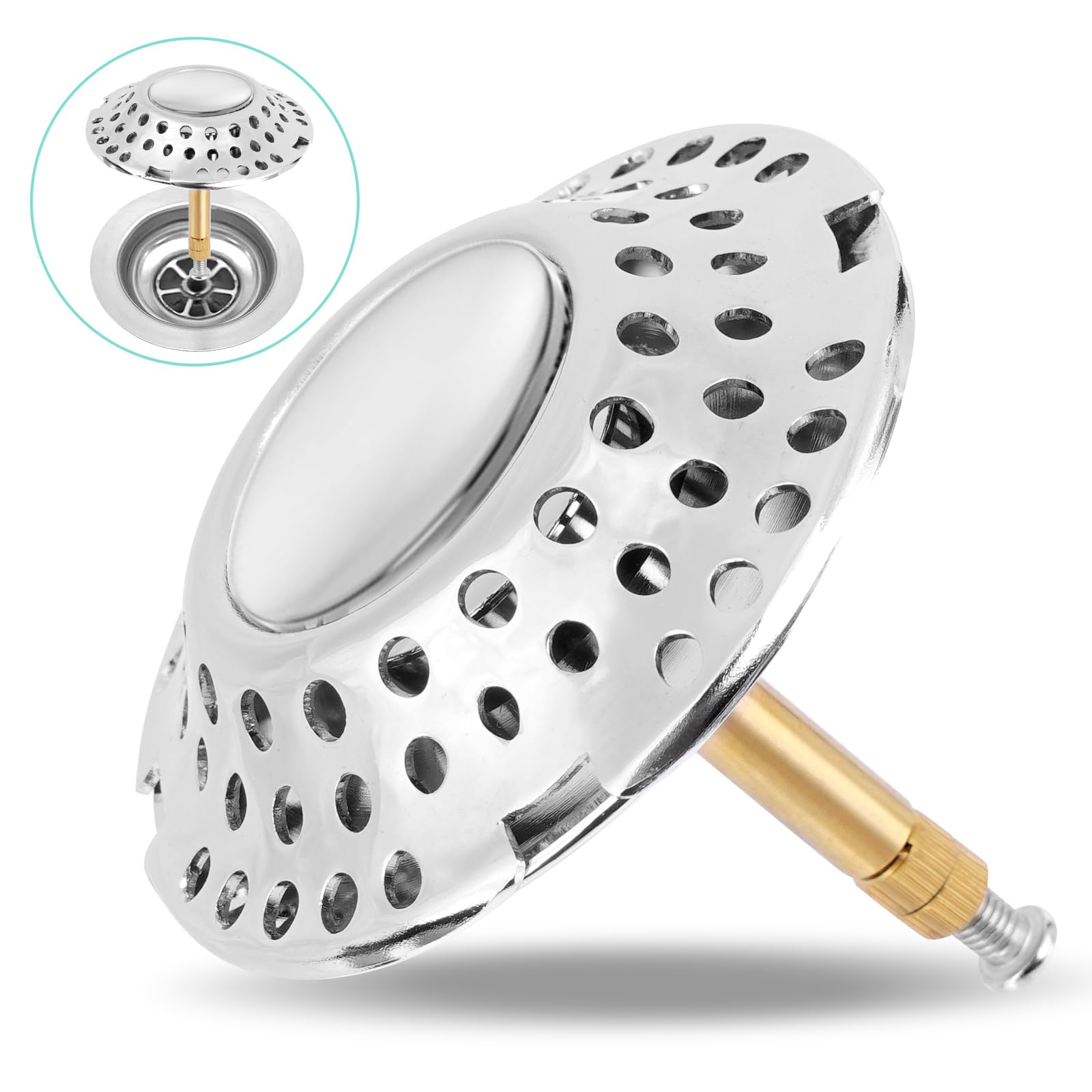 Tappo Per Vasca Universale Powerruif Tappo Vasca Da Bagno Universale, 2 In 1 Filtro Per Capelli , Tappo Di Scarico Cromato In Ottone Massiccio Con Design Del Filtro, Regolabile In Altezza Tappo - 2
