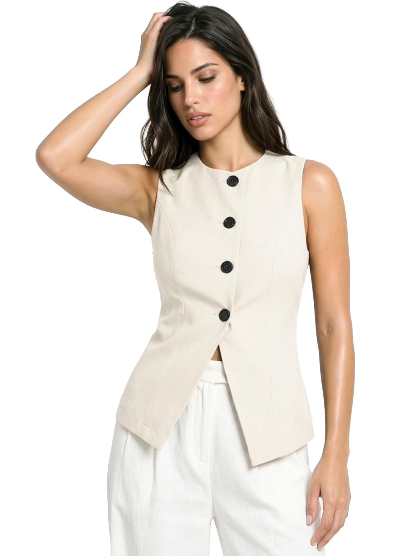 Solid Modern Sleeveless Fitted Waist Slim Round Neck Blazer& Top for Women's & Girl's-image-15