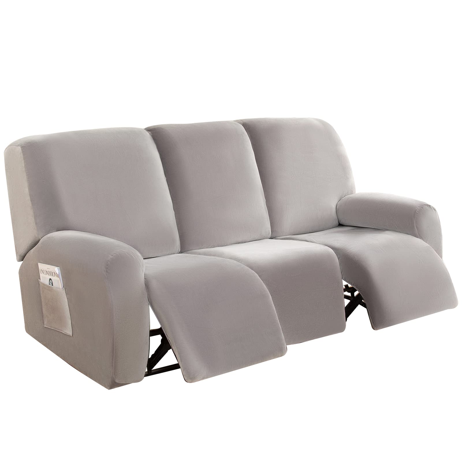 Recliner Chair Cover 3 Seater - Super Soft Velvet Stretch Recliner Couch Covers Sofa Chair Slipcover with Side Pocket for 3 Cushion Recliner Sofa for Furniture Protector (Silver Grey) — image 1