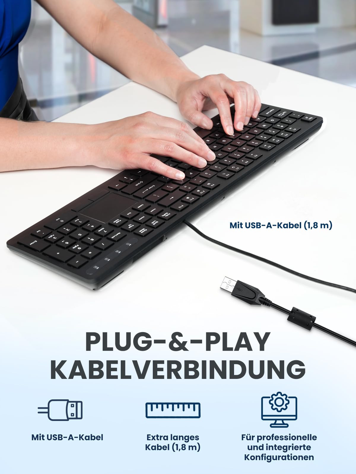 Perixx PERIBOARD-513III Kabelgebundene Full-Size-Tastatur mit integriertem Touchpad – Leise Scherentasten – Multimedia-Hotkeys – DE-Layout