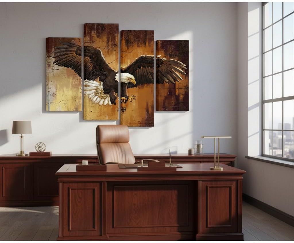 Conipit Bald Eagle Wall Art Set of 4 Panels Vintage Rustic Eagle Painting Wildlife Animal Artwork for Living Room, Bedroom, Office, Cabin and Farmhouse Wall Decor