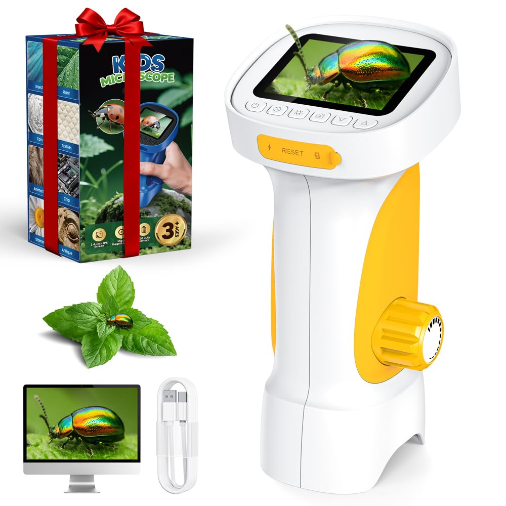 1000X Microscopio Bambini, Temodu Microscopio Digitale Bambini da 2.4‘’, con 8 luci LED Regolabili, può essere utilizzato come regalo di compleanno o di Natale 3 agli (White+Yellow)