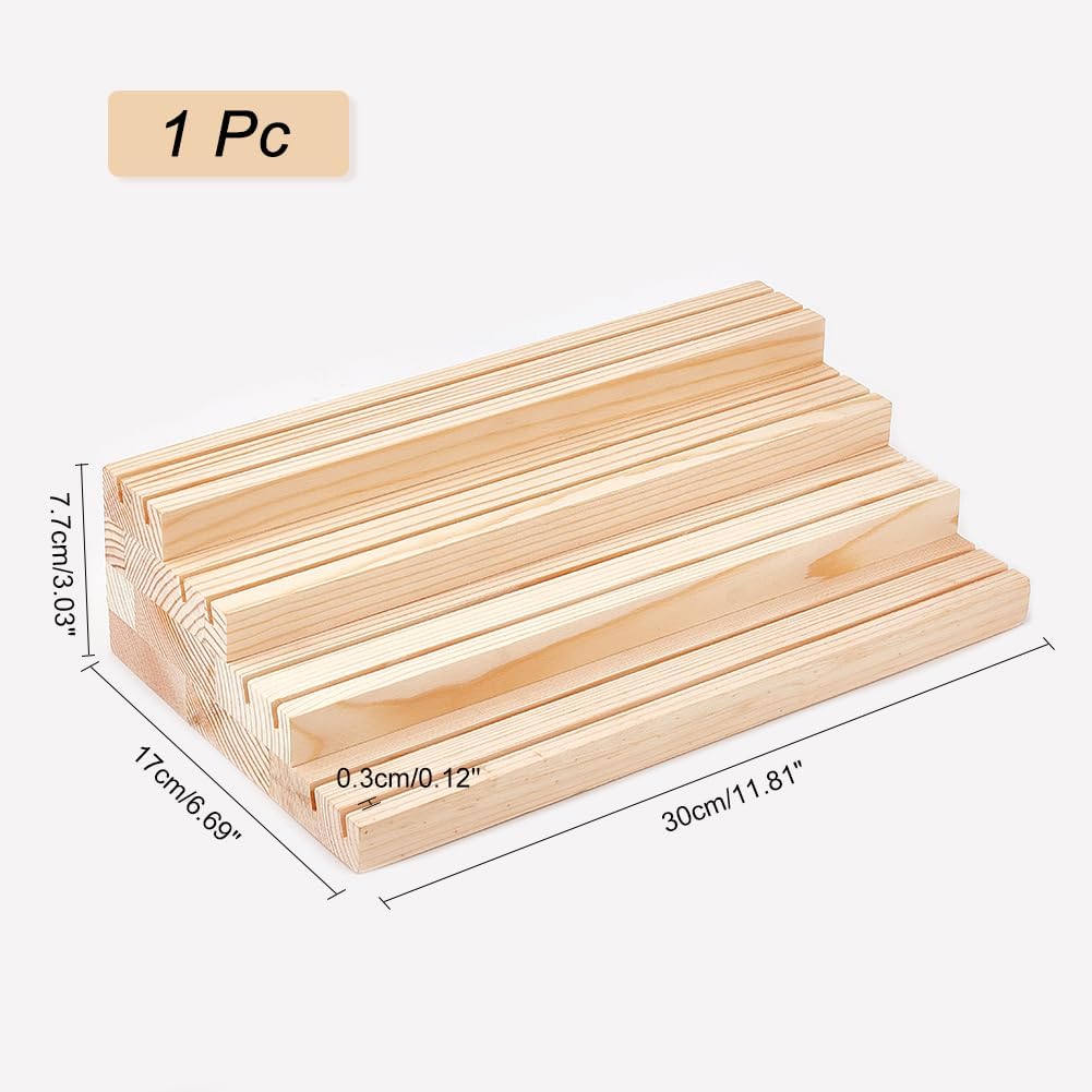 NBEADS 4-Tier Wood Jewelry Display Stand, Wooden Earring Organizer Holder with Grooves Jewelry Showcase Rack for Rings Earring Display Cards Photo Home Decorations