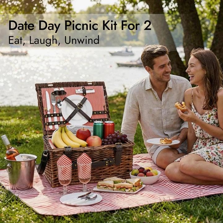 Image of Picnic Basket Set for 2 Persons with Cooler and Waterproof Picnic Blanket, Classical Wicker Picnic Baskets with Waterproof & Sand-Proof Beach Mat,Willow Hamper Service Gift Set