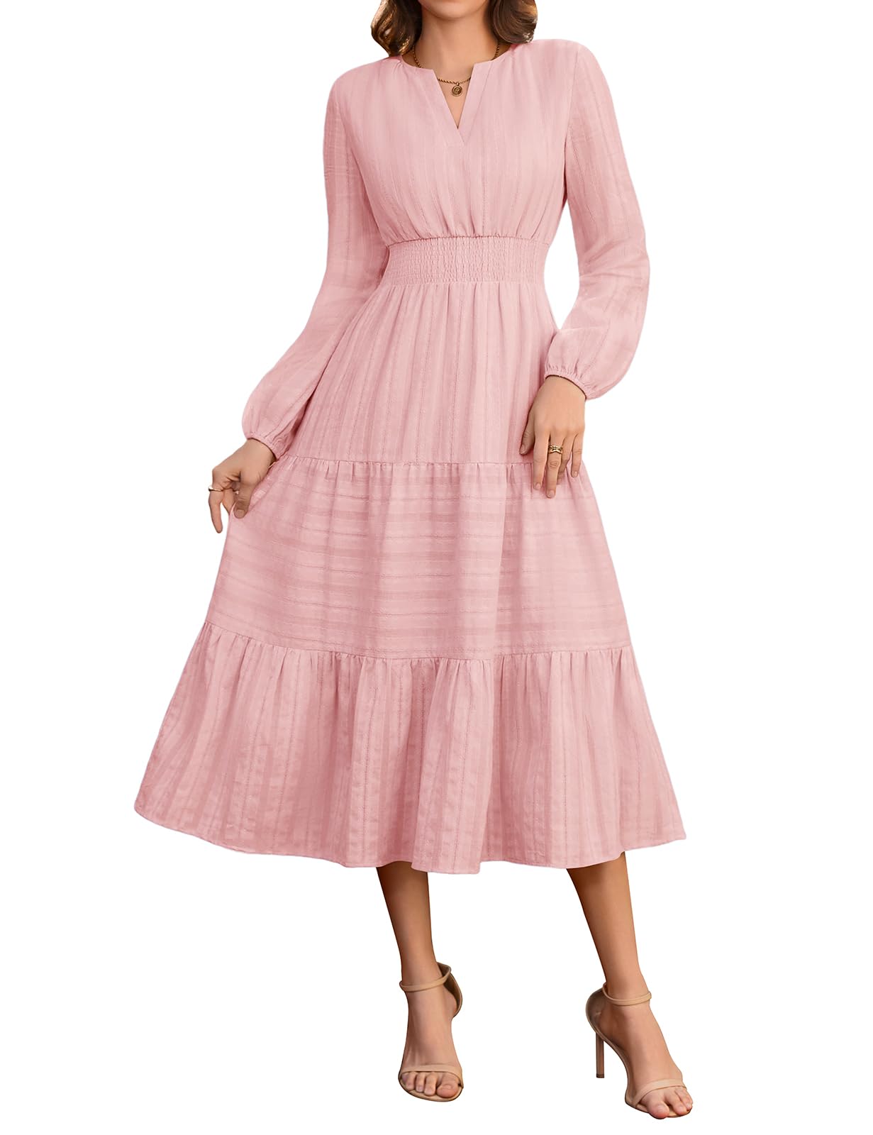 Vestito Donna Manica Lunga Scollo a V Autunno | Vita Alta, Gonna a Trapezio, Cotone, Casual Abito, Vestito Lungo, Elegante, Tinta Unita, Tasche, Autunno, Inverno, Primavera