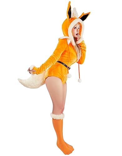 Mobbunny Cute Cartoon Animal Cosplay Costume Fuzzy Onesies Plush Hooded Romper Fluffy Jumpsuit Pajamas with Belt and Tail - Medium - Orange