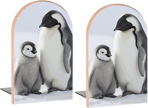 Emperor Penguin Book Ends Decorative Wood Bookends for Shelves Kids Room Desk Home Office Book Stoppers for Magazines,Books, DVDs, 1 Pair/2 Pieces5x3.1 in