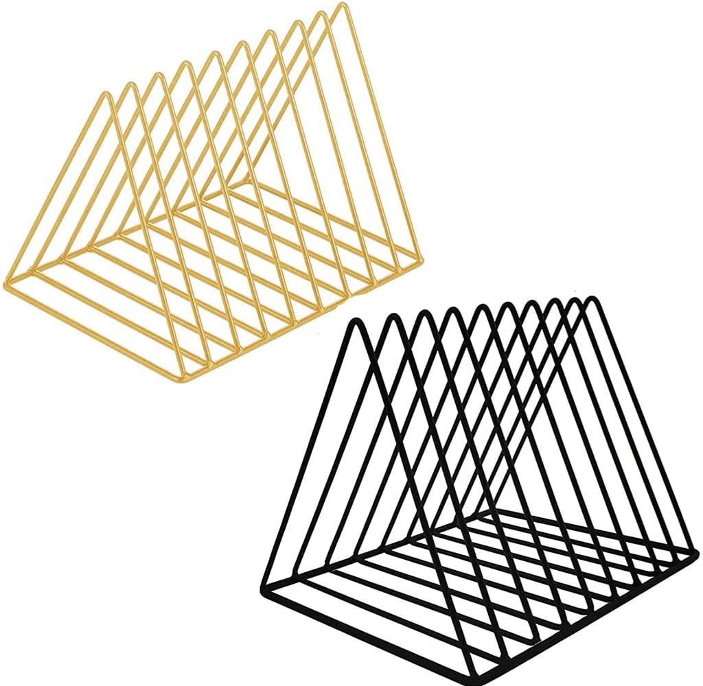 Tomovely Triangle Desk File Organizer Metal Magazine Rack 7 Section Magazine File holder for Desk Record stand Gold Desk Organizer Magazine Storage For Home (2 Pack) (Black and gold two-tone)