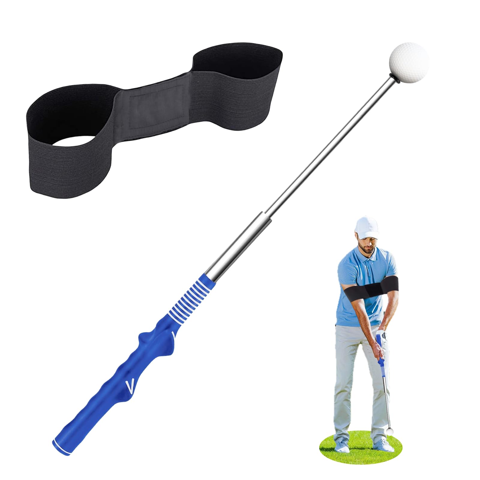 AVAKKER Golf Swing Training Aids, 2-Pack Golf Swing Trainer include 1 Posture Correction Arm Band & 1 Telescopic Golf Simulator, Golf Practice Accessories for Beginners and Pros, Right Hand, Blue
