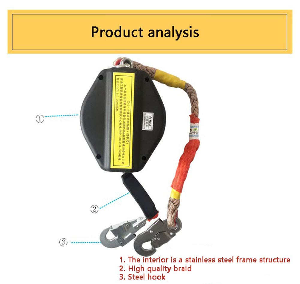 Antichute a Rappel Auto, Stop Chute+Crochet à Retenue Automatique, 3m/5m/6m/10m/15m/20m, Charge-150KG, Ideal pour Toiture, échafaudage et Travaux Aériens, Noir5m