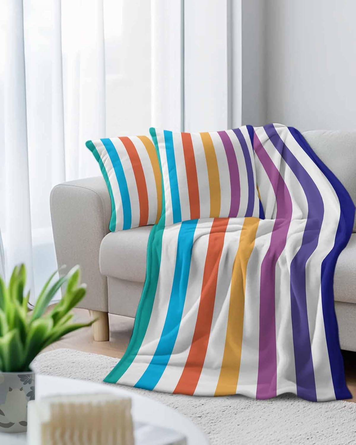 Throw Blanket and Pillow Set Rainbow Striped Colorful Rectangular Geometric Soft Bed Throw Blankets for Sofa,Chair,Couch,Living Room,Home Office 50"x60" image 3