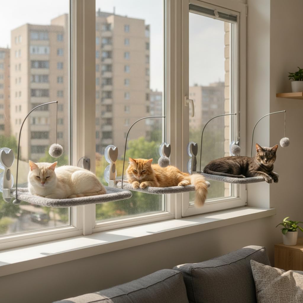 Gatti con Ventose Pieghevole, 灰色四季款（配逗猫棒）, 30 * 60cm | Fissaggio a ventosa, Cuccia Gatto Relax, Spazio dedicato gatto, For famiglie con gatti