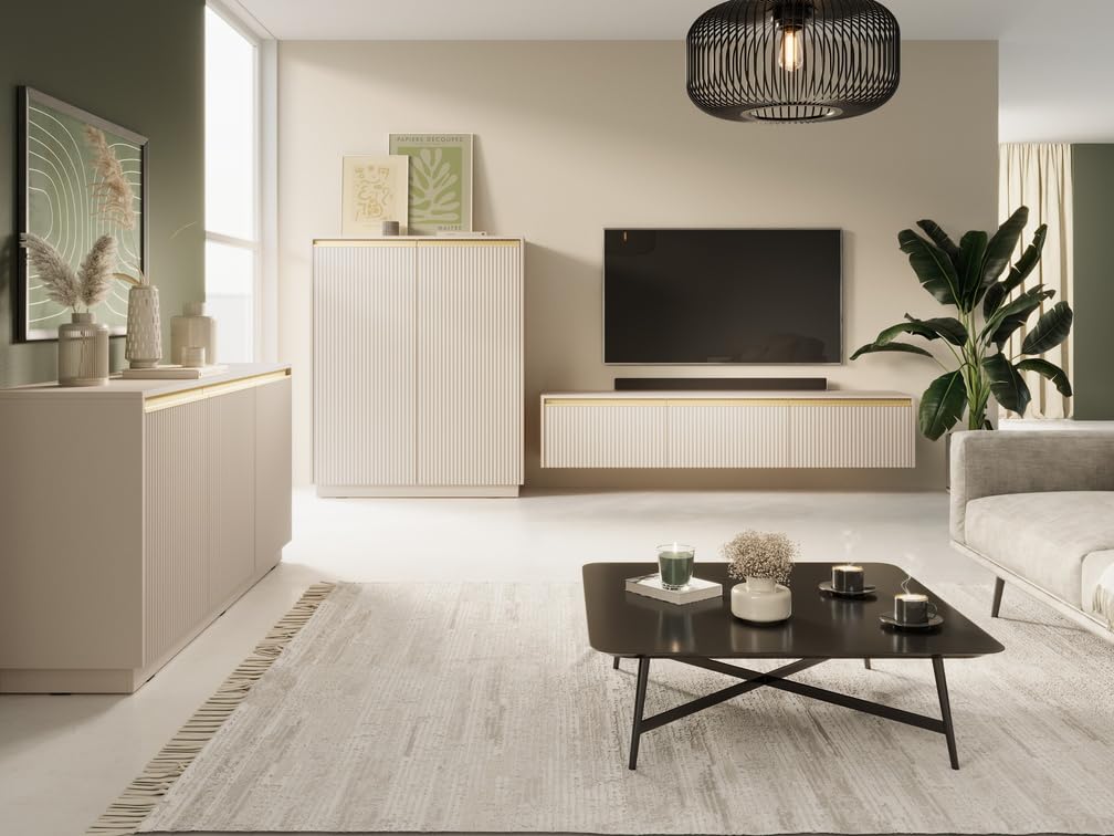 Sideboard 100 cm Baron - Modern, Kommode mit 2 Türen - Kommode mit Gold Accessoires und geriffelten Fronten - Beige