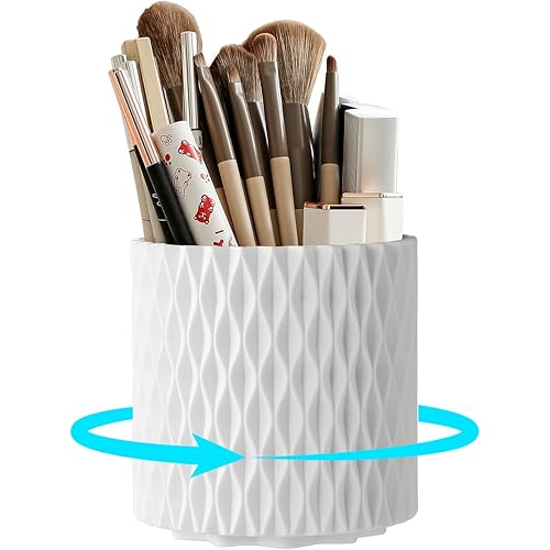 360° Rotating Makeup Brush Holder, 5-Slot Cosmetic Organizer Cup for Vanity, Desk & Bathroom Countertop, White