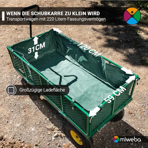 Miweba Bollerwagen MB-700 | 𝟕𝟎𝟎 kg Traglast - Luftreifen - Wände klappbar - Volumen 220 L - Sackkarre - Schubkarre - Transportwagen - Handwagen - Gartenwagen - Wagen - Gartenkarre (Schwarz)