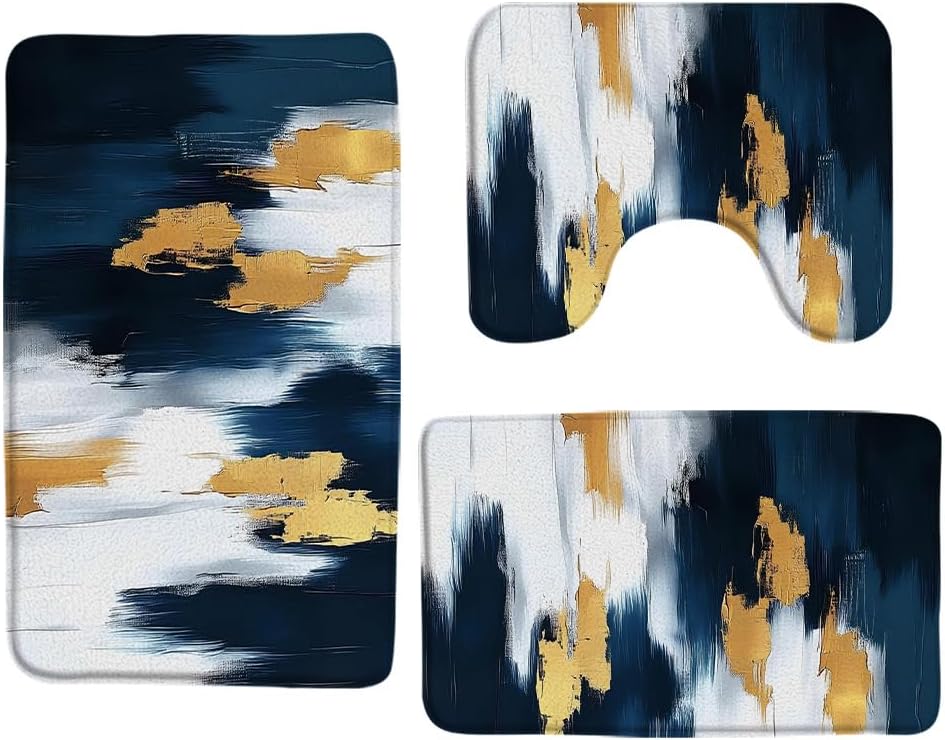 3 Pcs Bath Rugs Set,Navy Blue Gold Bath Mat Abstract Brush Strokes Oil Painting Watercolor Striped Ombre Modern Blue White Bathroom Non Slip Mats Bedroom Floor Mat Living Room Rug