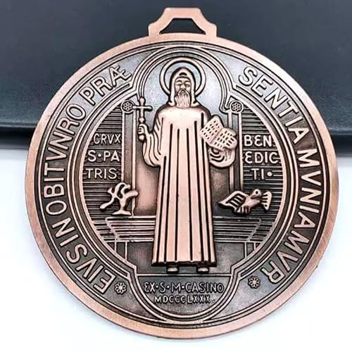 CLXLYU Medalha de cruz extra grande de 5 polegadas de San Benito com acabamento em latão para parede ou secretária, medalha de São Bento, banhado em latão