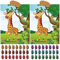 ASTARON 2 Sets Pin The Tail on The Giraffe Jungle Animal Party Game Zoo-themed Birthday Party Supplies 2 Posters 21\"x 28\" with 48pcs Tail Stickers Kids Wall Home Decor