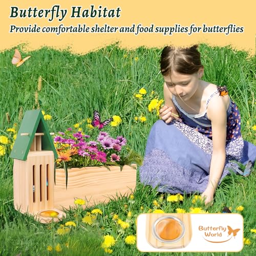 Image of Butterfly House and Feeder with Flower Pot for Outside, 3-in-1 Wooden Butterfly House for Garden, Natural Butterfly Habitat with Butterfly Puddler for Garden Decor