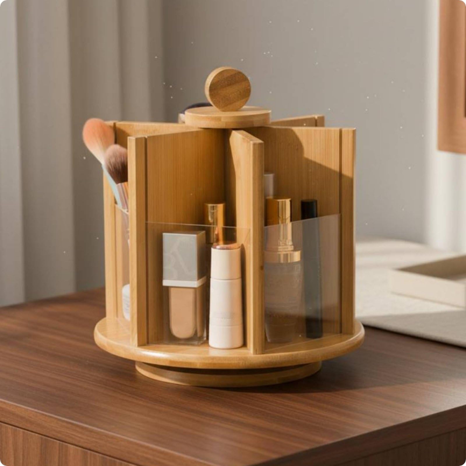 Organizer Rotante Porta Cosmetici Porta Trucco Porta Pennelli Porta Gioielli Realizzato in Bambù E Acrilico con Rotazione a 360 Gradi Adatto per Donna Scrivania Casa, Brown