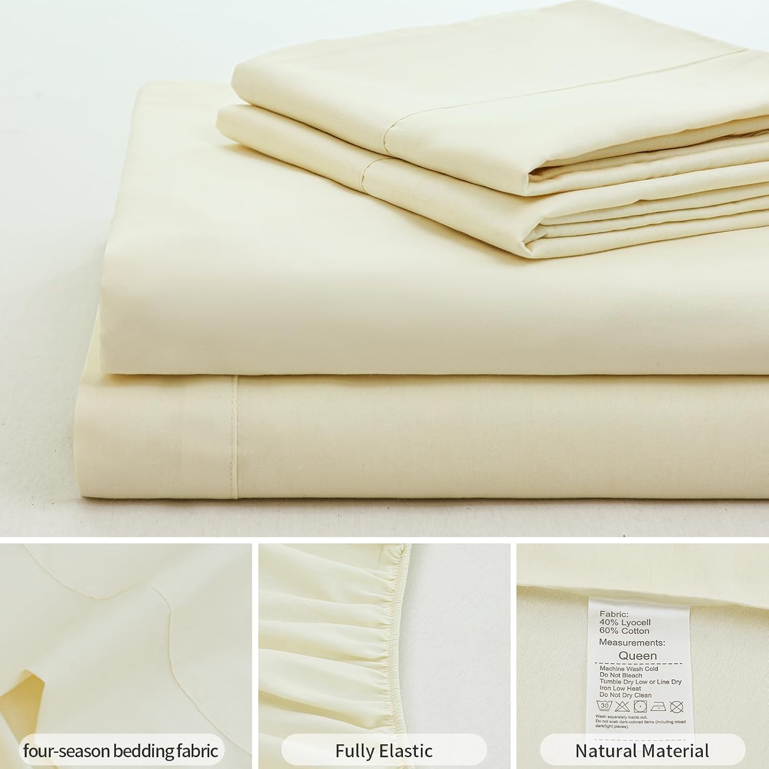 Solid Beige Cotton Bed Sheet Set - King Size- Lyocell Blend Cooling Breathable Bed Sheet for Hot Sleepers, Hypoallergenic, 16-inch deep Pocket,All-Season,4 Pieces