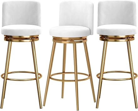 Swivel Bar Stools Modern Kitchen Counter Chairs for Bar, Dining Room Velvet Upholstered Seat Backrest and Footrest Tall StoolWhite,3PCS