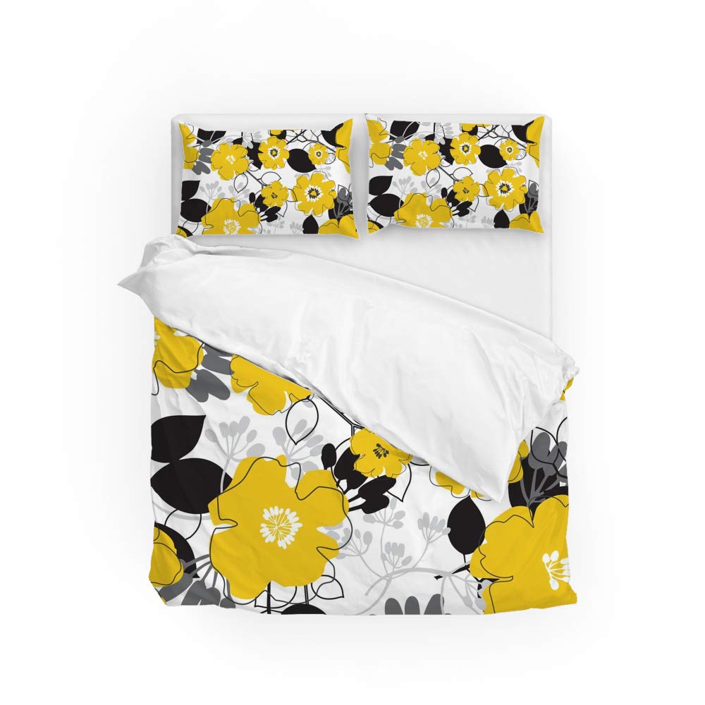 Housse de couette ultra douce et durable lit XXL parure florale infroissable jaune noire CHEHONG