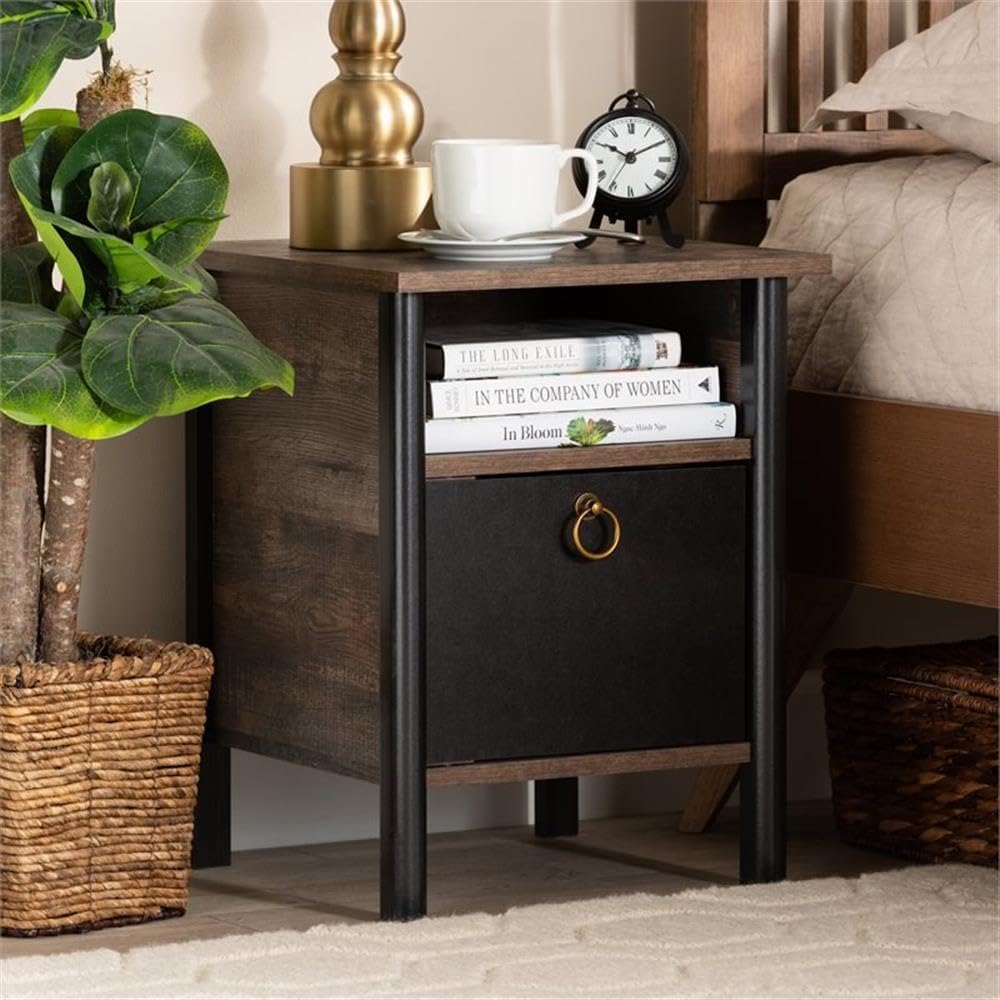 BOWERY HILL Modern Nightstand, 19.5 in H x 15.7 in W x 15.7 in D, Two-Tone Rustic Brown and Black Finished Wood, Gold-Tone Metal Pull, 1 Shelf and Enclosed Compartment, Bedroom Side Table
