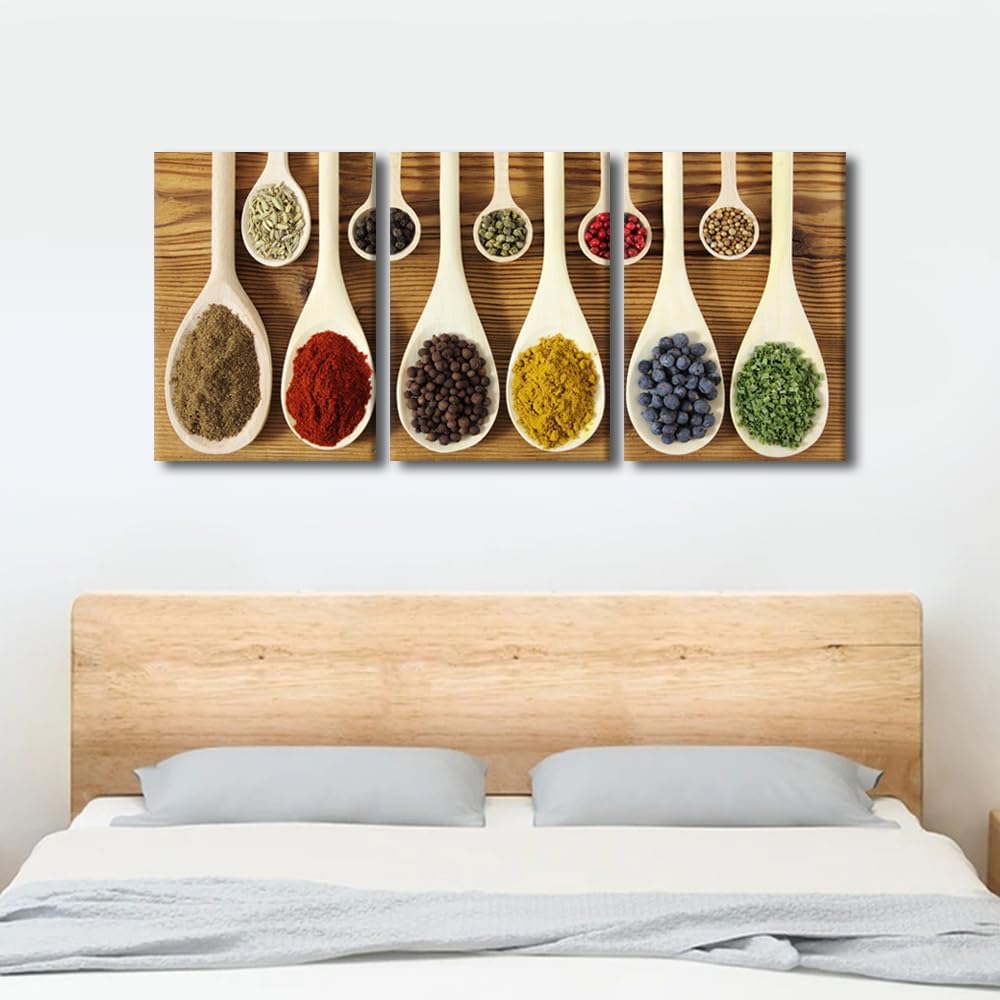 Home Decorations for Living Room Beautiful Kitchen Pictures Colorful Spices In Wooden Spoons Paintings Wall Decor 3 Panel Canvas Wall Art Modern Artwork Framed Gallery-wrapped, 48" Wx24 H
