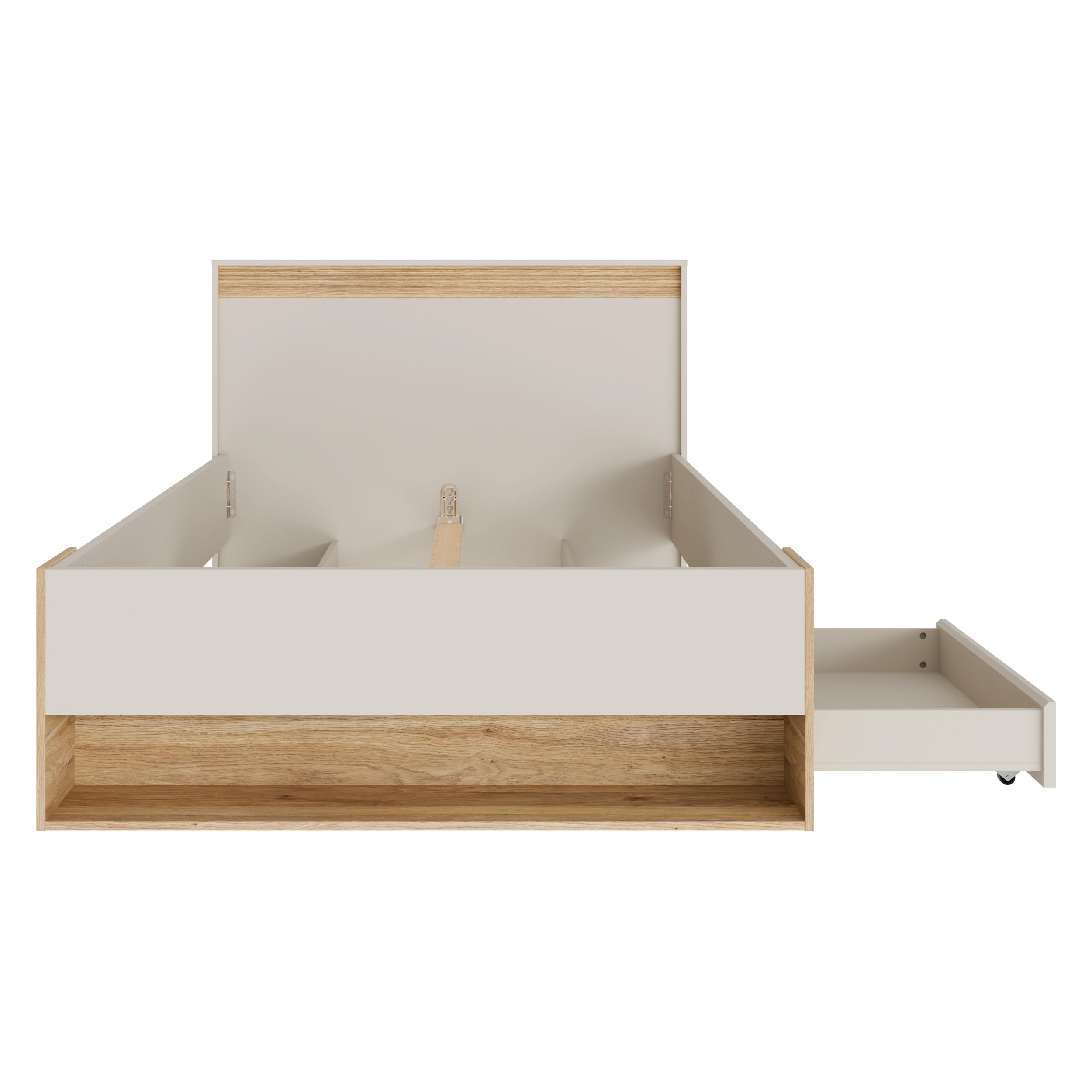 Forte WEXLIN Bettgestell, Liegefläche 120 x 200 cm, modernes Bett mit Schublade und Regal, Kinder- und Jugendzimmer,Kaschmir|Beige|Mauvella Eiche Holzdekor, 130 cm breit x 96,3 cm hoch x 210,8 cm tief