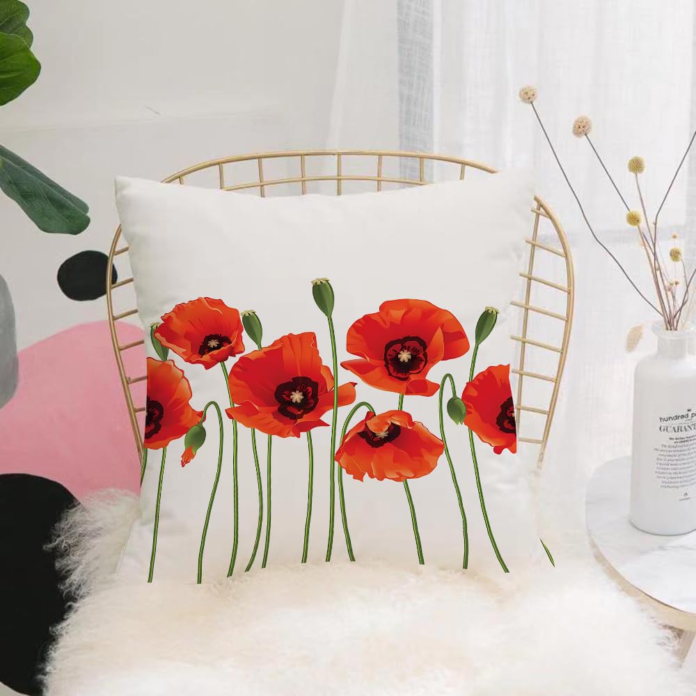 Hyosxw Red Poppy, A Group Of Bright Red Poppy Flowe - A5 Cushion Cover,Throw Pillow Case Home Decorative For Living Room Bedroom Sofa Chair 18X18 Inch,Red Poppy, A Group Of Bright Red Poppy Flowers With Green Stems, On A White Bac,Pillowcase 45X45cm