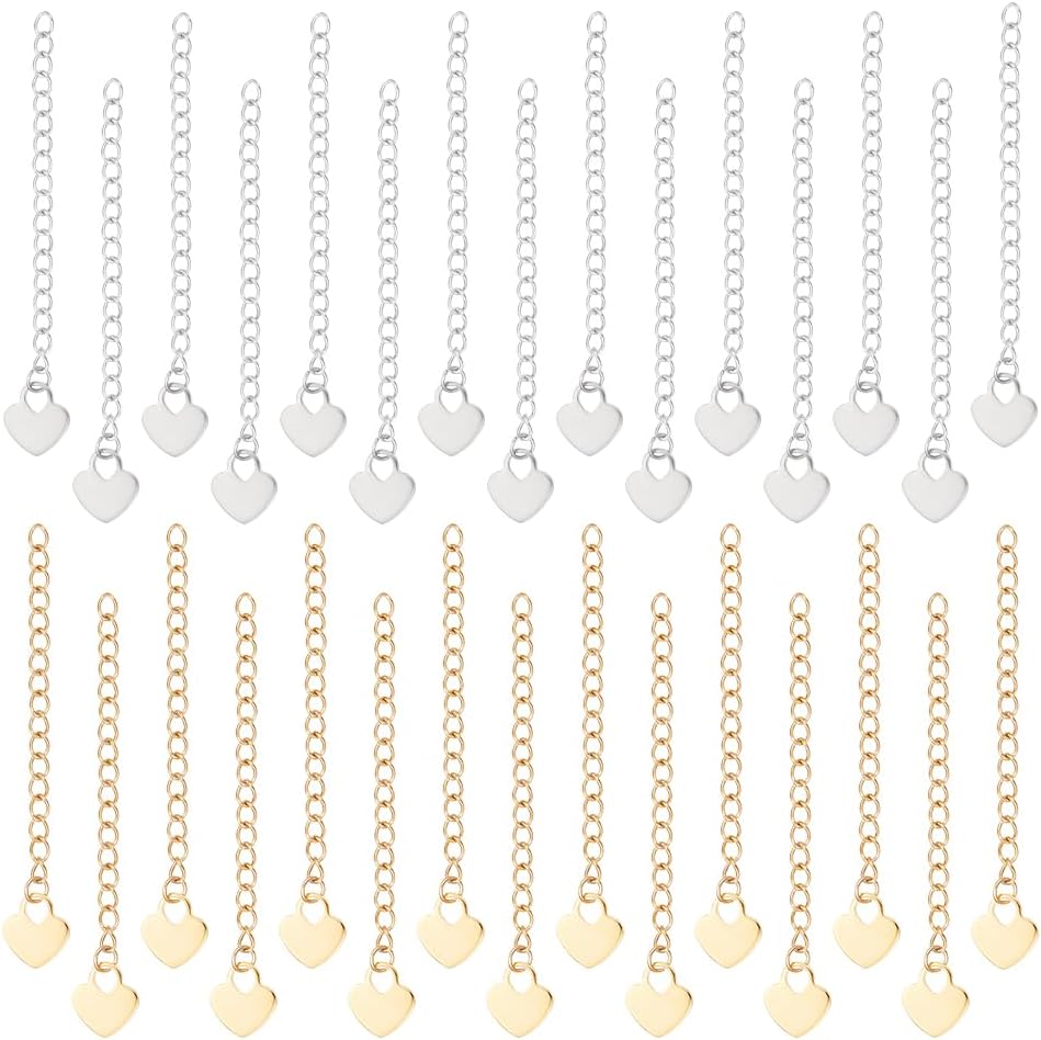 UNICRAFTALE 40Pcs 2 Colors Stainless Steel Curb Chain Extension End Chains with Heart Charms Chain Tabs Necklace Bracelet Extension Chain Anklet Extenders for DIY Jewelry Making 59~65mm