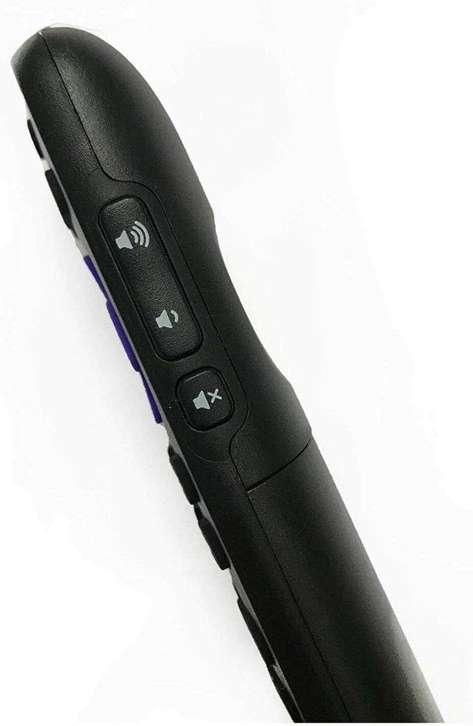 Side view of the remote control showing volume and mute buttons