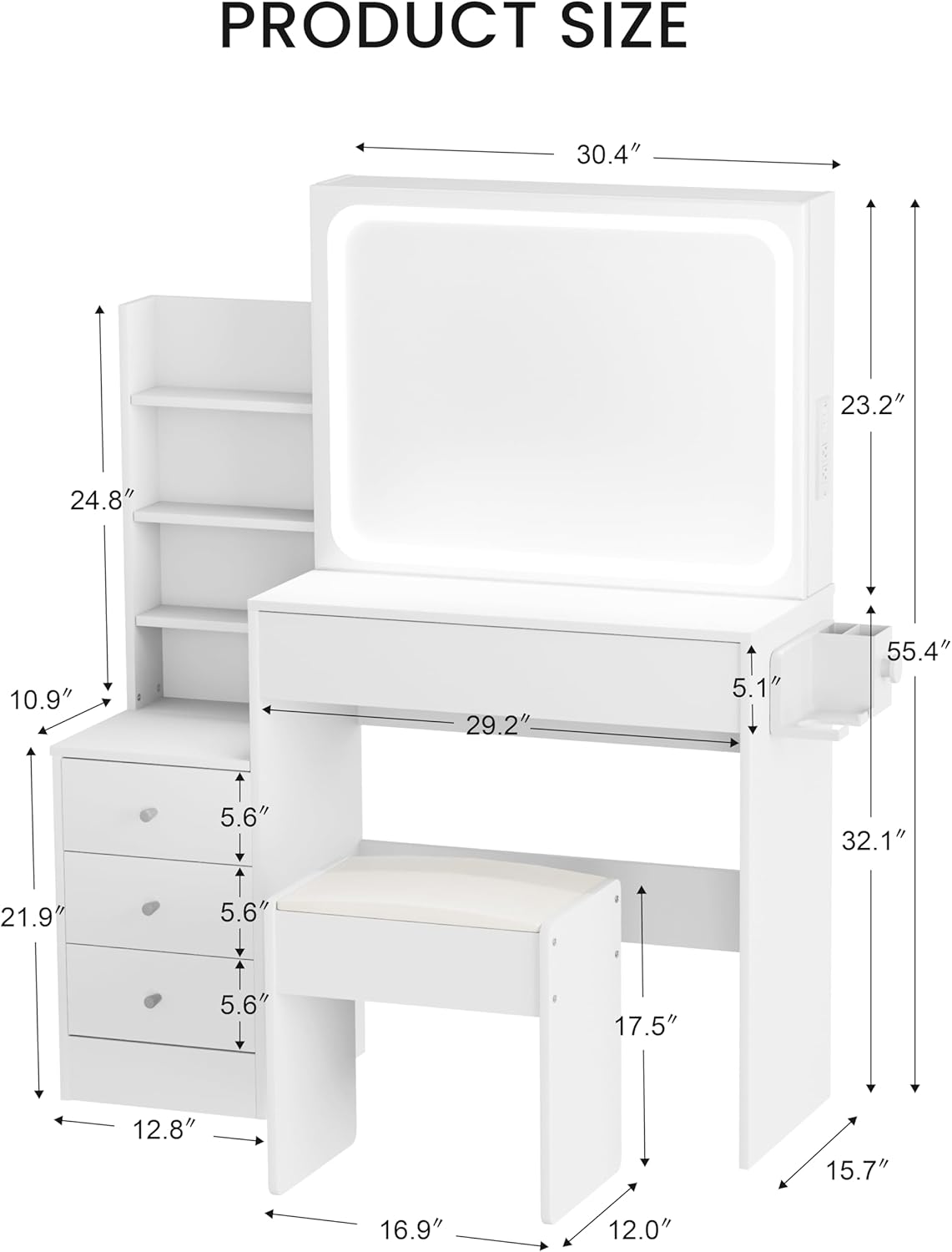 Makeup Vanity, Fashion Vanity Desk with Mirror and Lights, Makeup Vanity with Drawers & Shelves, White Vanity with Lighted Mirror, 3 Color Lighting Brightness Adjustable