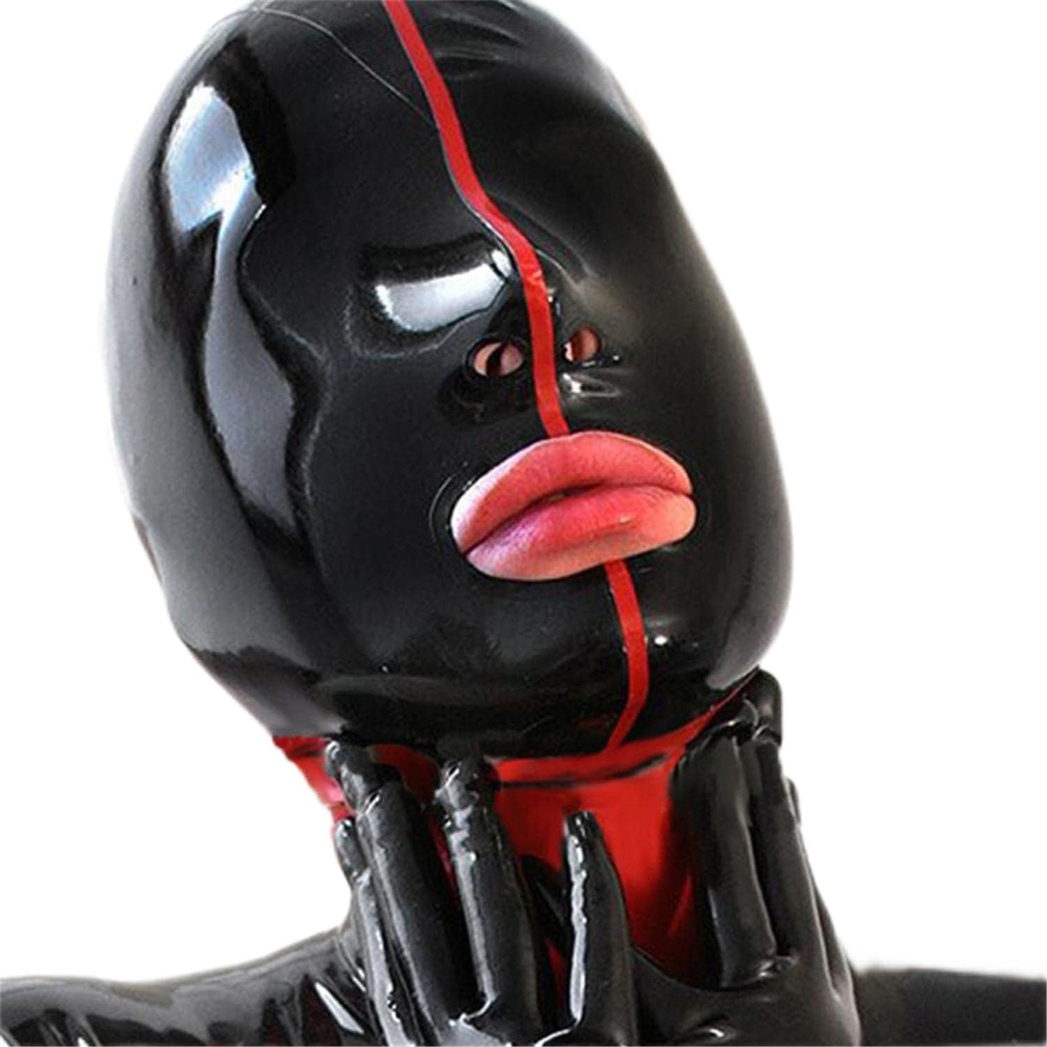 Black Latex Hood with Red Trim Open Mouth Nose Close Eyes Back Zipper Rubber Mask Club Party Wear