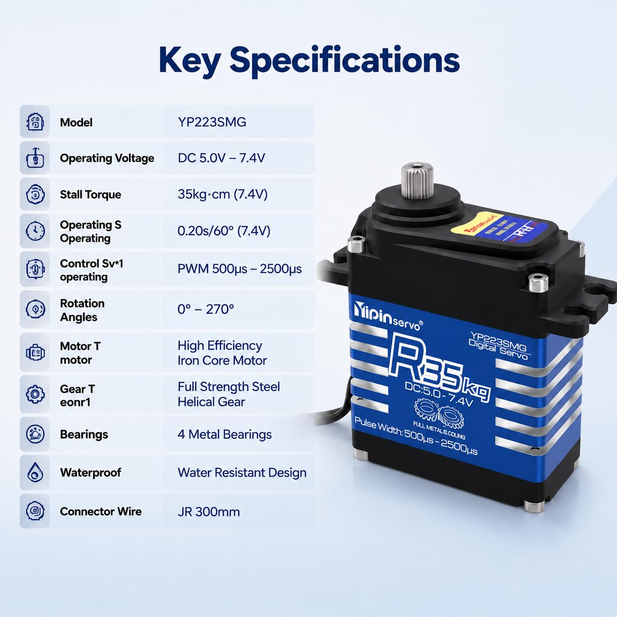Servo digital sin núcleo de 35 kg, 5-7,4 V, engranaje de acero, IP67 resistente al agua para coche RC 270 grados