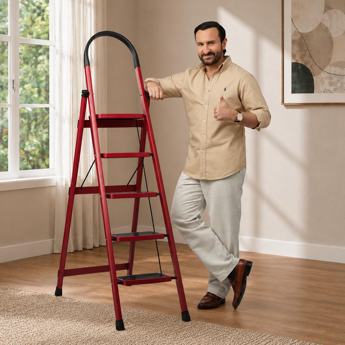 Sparsh Pearl Steel 5 Step Foldable Ladder for Household - Wide Anti Skid Step - Supports Up to 150 kg - 5 Years Warranty - Red & Black-image-30
