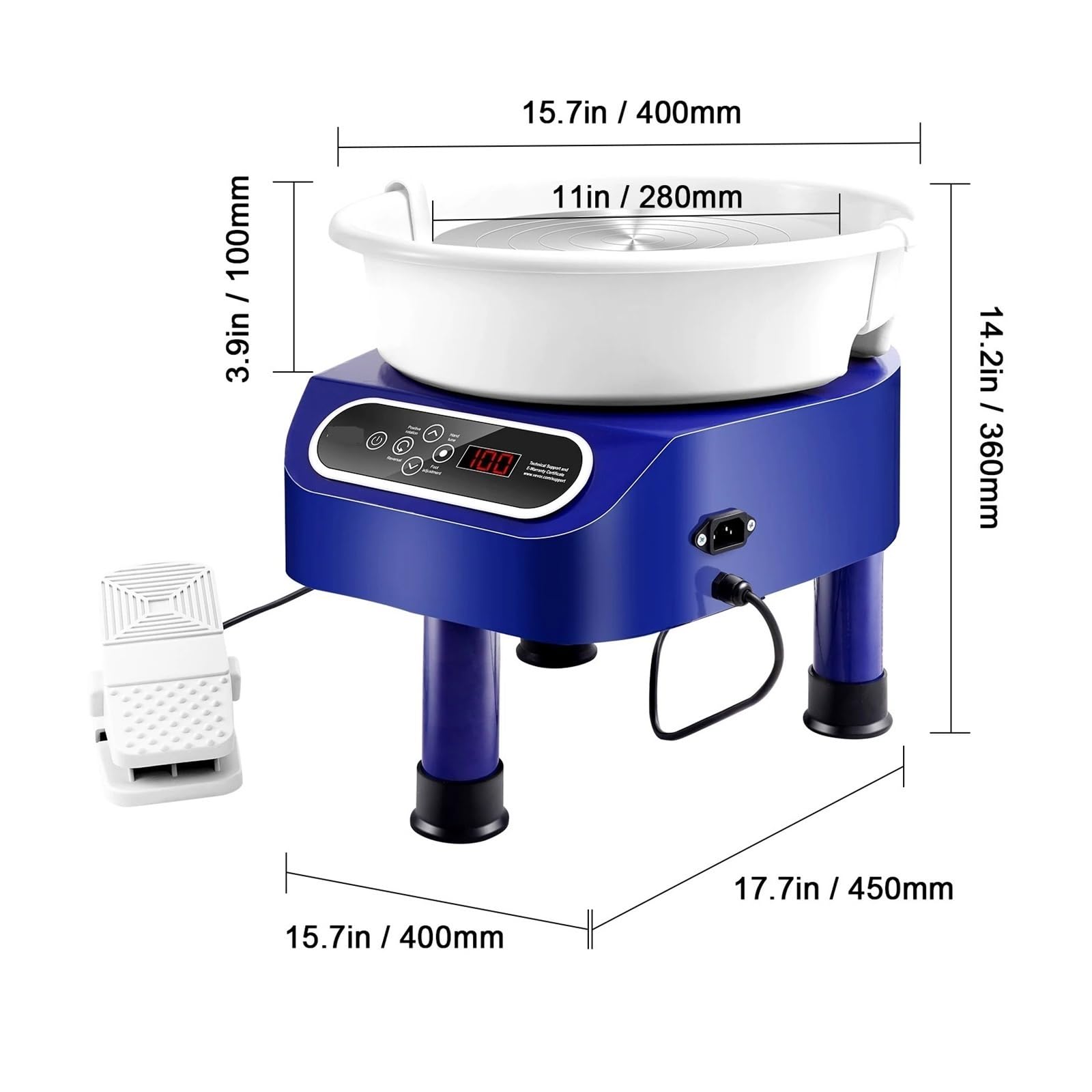 Töpferscheibe 11 Zoll, Keramikformmaschine, Direktantrieb, 450 W, Elektrische Mit Fußpedal Stabil Mit Einstellbarer Drehzahl(10in Blue 350W)