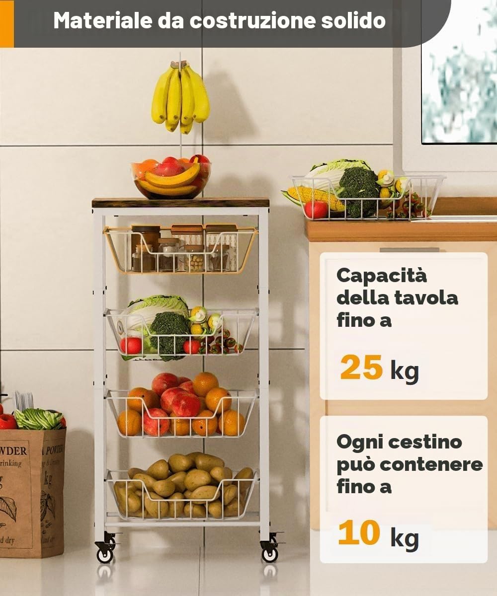 Garbuildman Carrello portaoggetti da cucina a 5 ripiani con cestini estraibili, organizer per frutta e verdura con piano in legno e supporto per banane, per dispensa, soggiorno, bagno, bianco