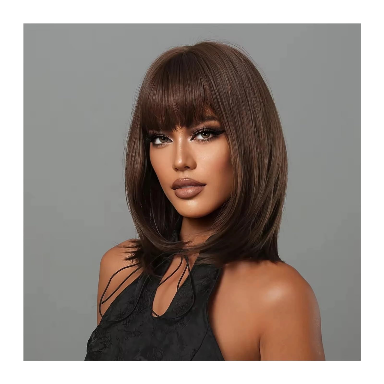 Shoulder Length Brown Straight Wig Synthetic Fiber KOME FTL007-2 Brown Short Bob Wigs,Brown mixed Straight  main image 2