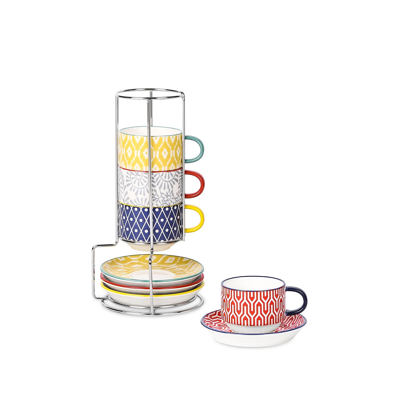 Selamica Ceramic Espresso Cups with Saucers and Metal Stand