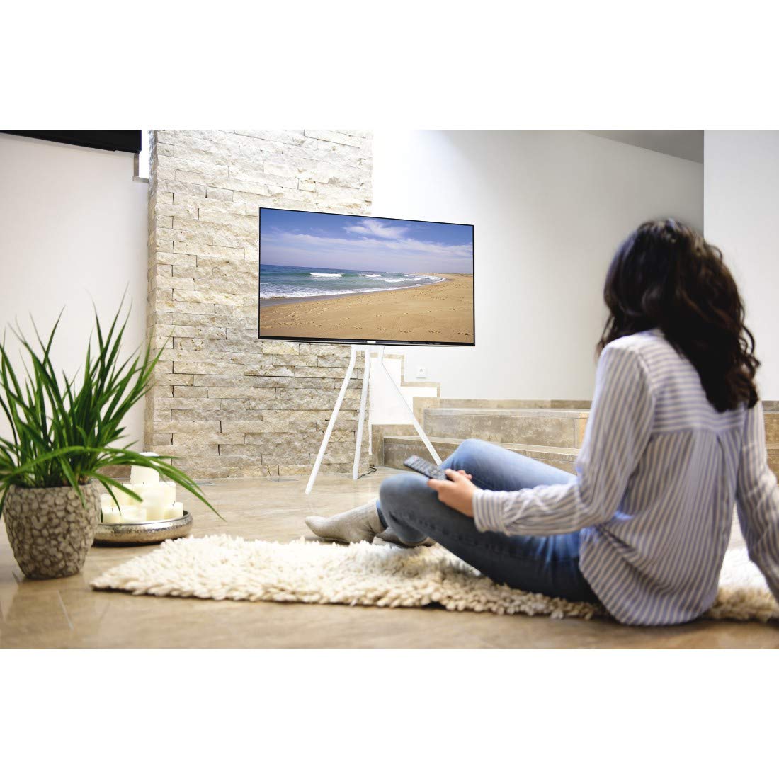 Hama TV Ständer im Staffelei Design (Stabiler Fernsehständer für 37-75 Zoll, höhenverstellbarer TV Stand als Tripod, kompaktes TV Stativ, VESA kompatibler Bodenständer) weiß