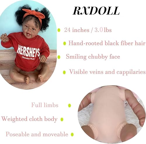 Miniatura 2 de RXDOLL Muñeca bebé recién nacida realista de 24 pulgadas, muñeca recién nacida realista de silicona suave bebé afroamericano bebé muñeca niña muñeca