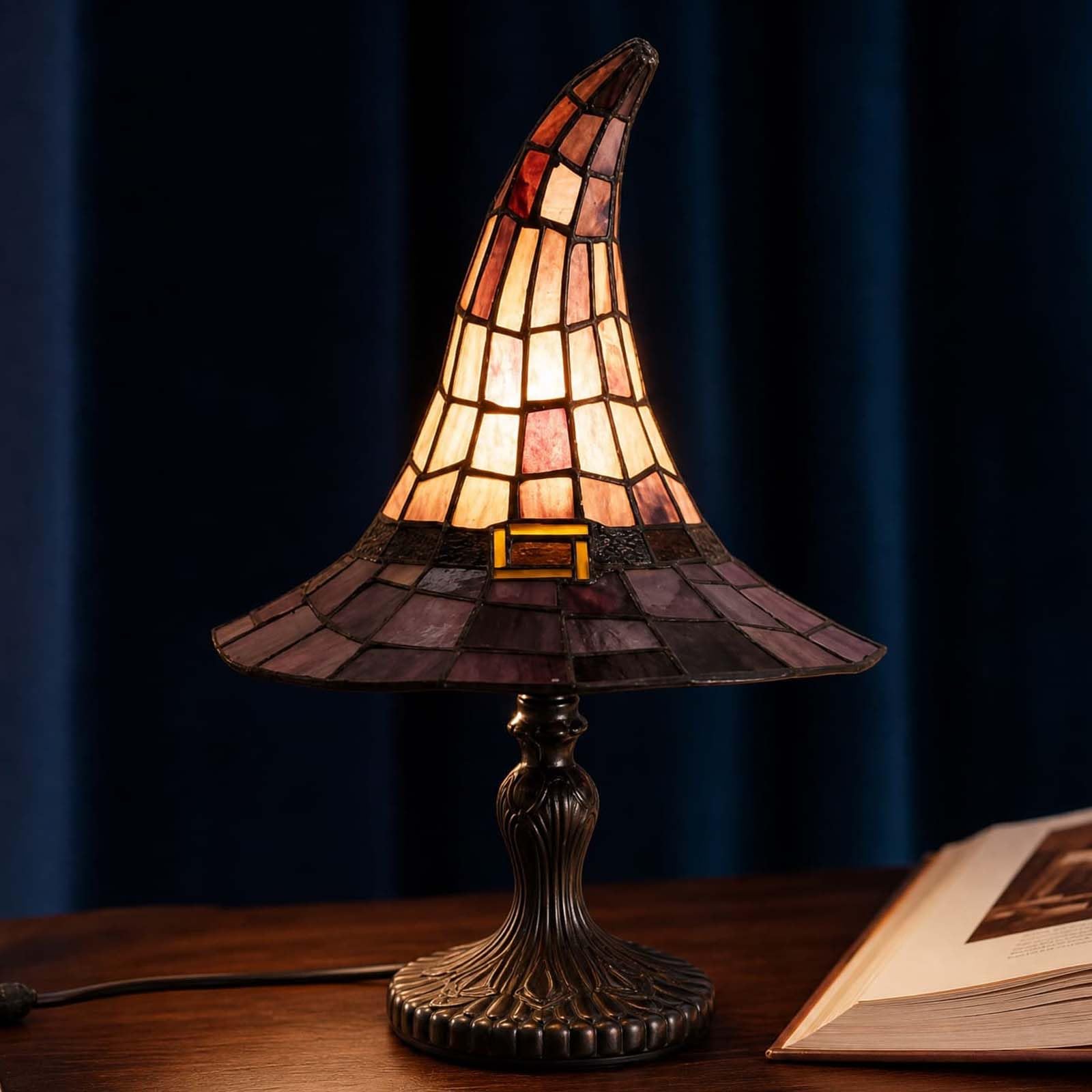 Stained Glass Witch Hat Lamp, Handcrafted Retro Gothic Night Light, USB Powered Resin Wizard Hat Table Lamp with Warm Glow, Halloween Witchy Decor for Bedroom, Bookshelf, Mantel & Home (#A)